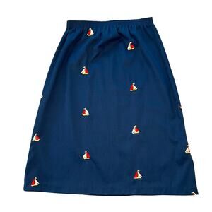 Vintage Embroidered Sailboat A Line Midi Skirt Nautical Small Preppy